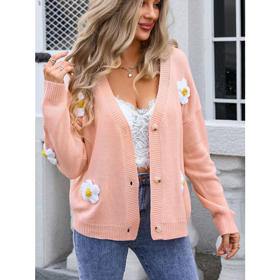 Crochet Flower Button Up Cardigan Watermelon pink / S Apparel and Accessories