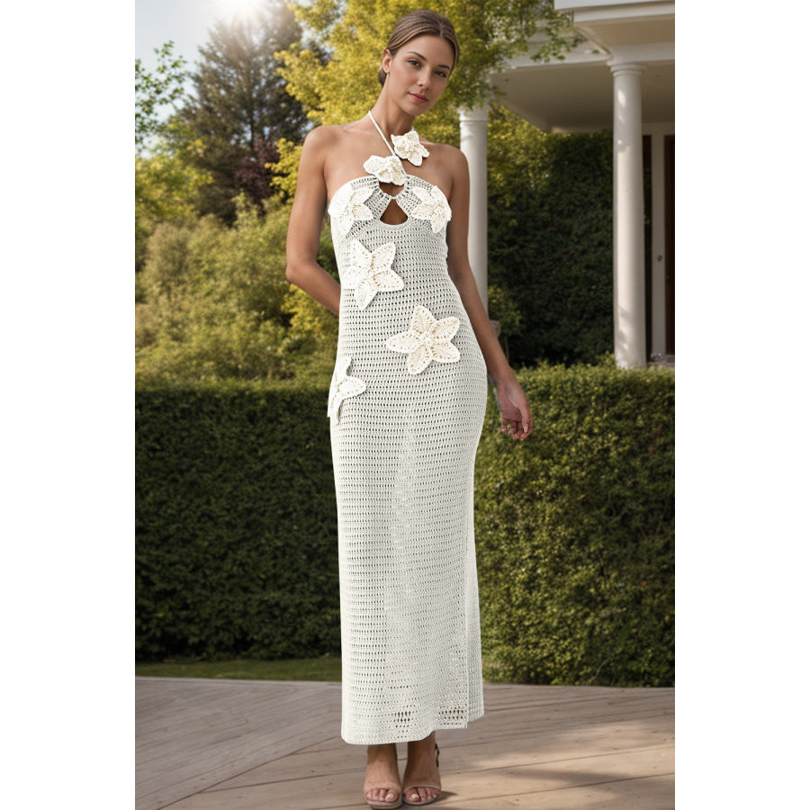 Crochet Flower Halter Neck Knit Dress Cream / S Apparel and Accessories