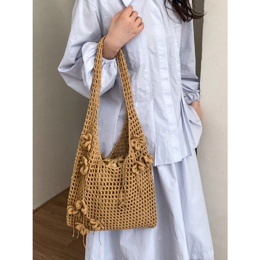 Crochet Flower Hobo Shoulder Bag Khaki / onesize Apparel and Accessories