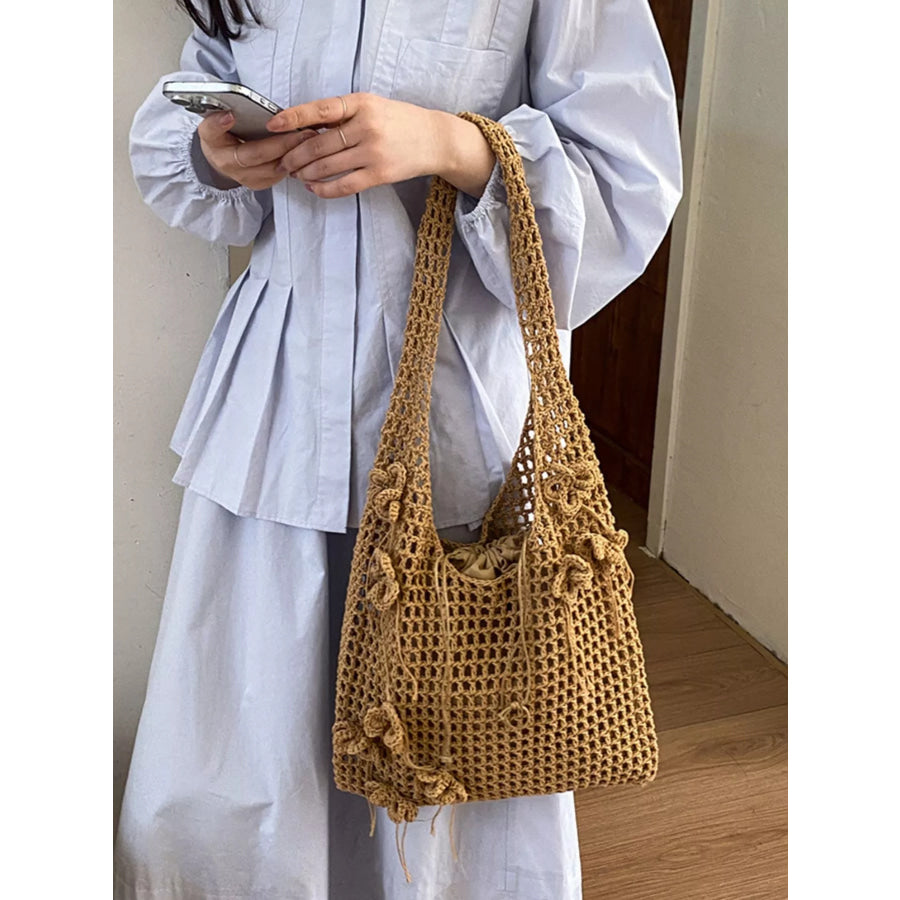Crochet Flower Hobo Shoulder Bag Khaki / onesize Apparel and Accessories