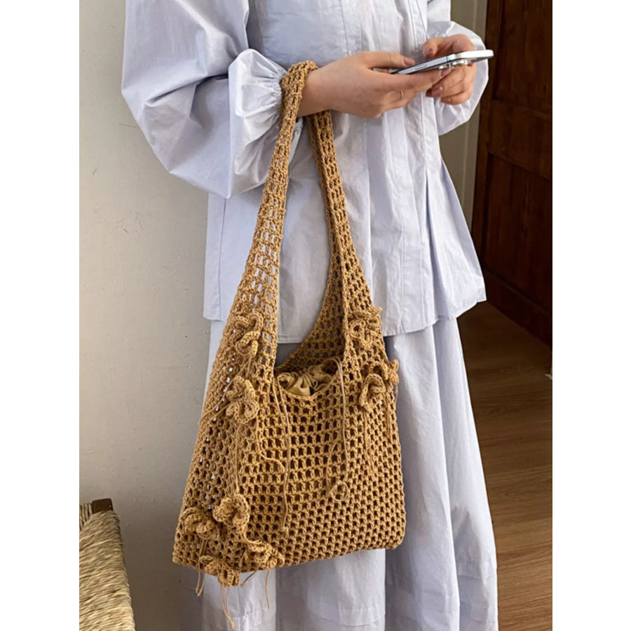 Crochet Flower Hobo Shoulder Bag Khaki / onesize Apparel and Accessories