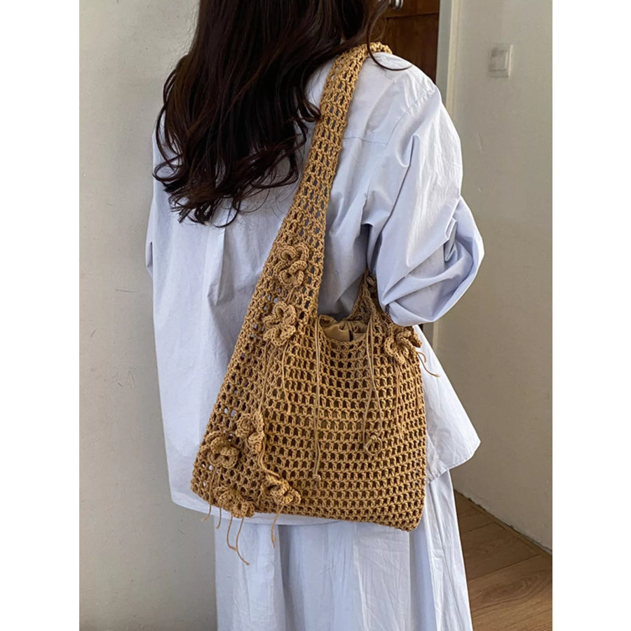 Crochet Flower Hobo Shoulder Bag Khaki / onesize Apparel and Accessories