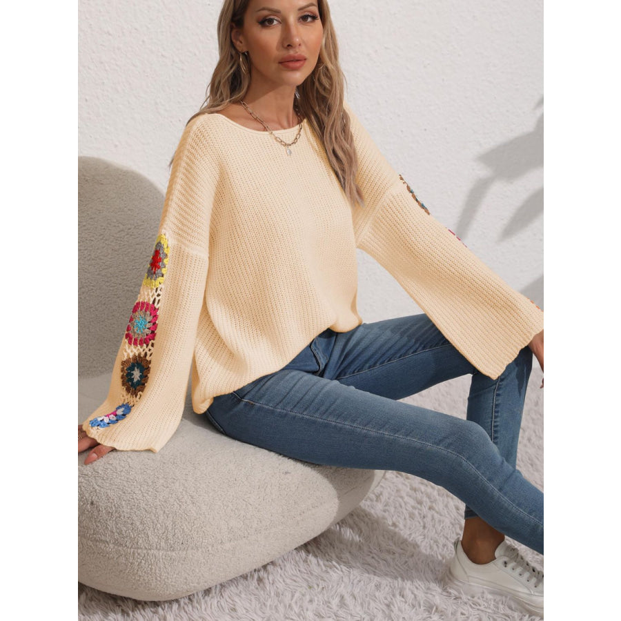 Crochet Flower Long Sleeve Sweater Apparel and Accessories