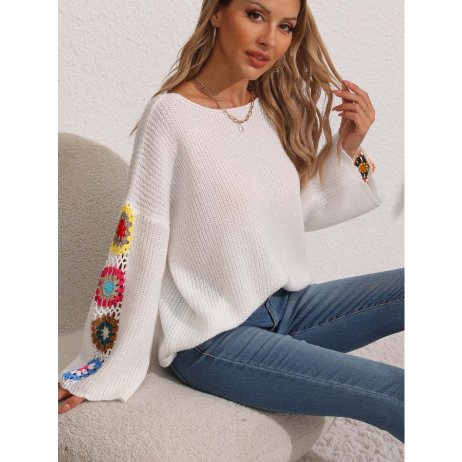 Crochet Flower Long Sleeve Sweater Apparel and Accessories