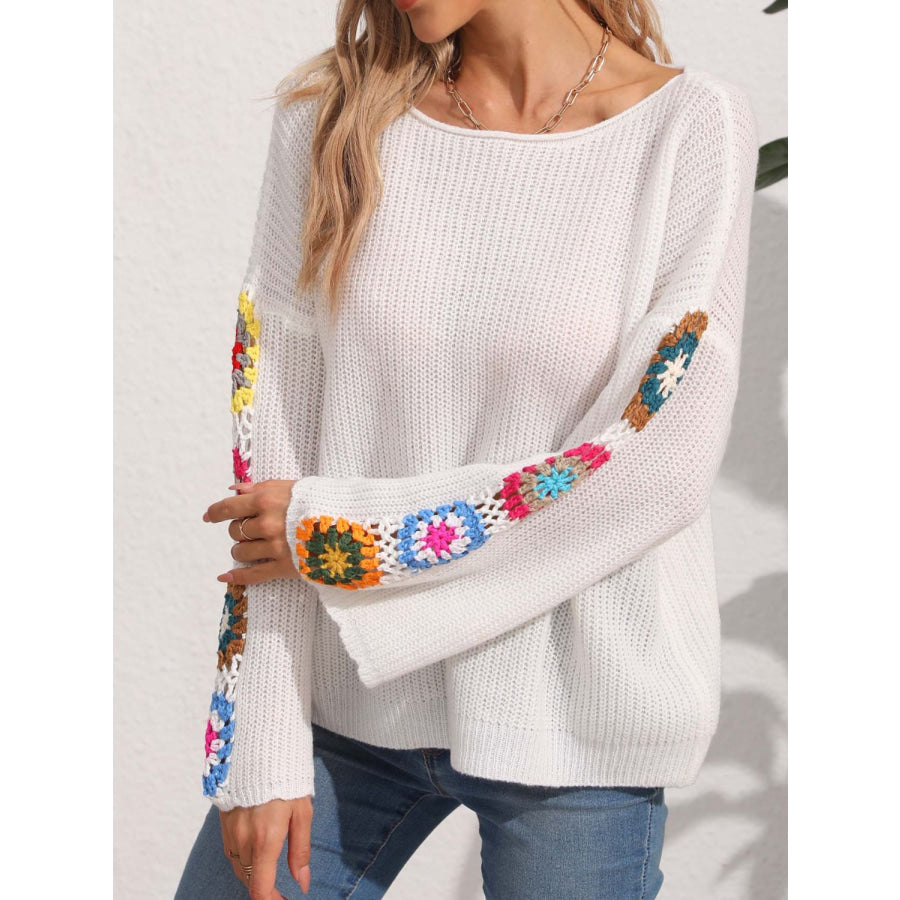 Crochet Flower Long Sleeve Sweater Apparel and Accessories