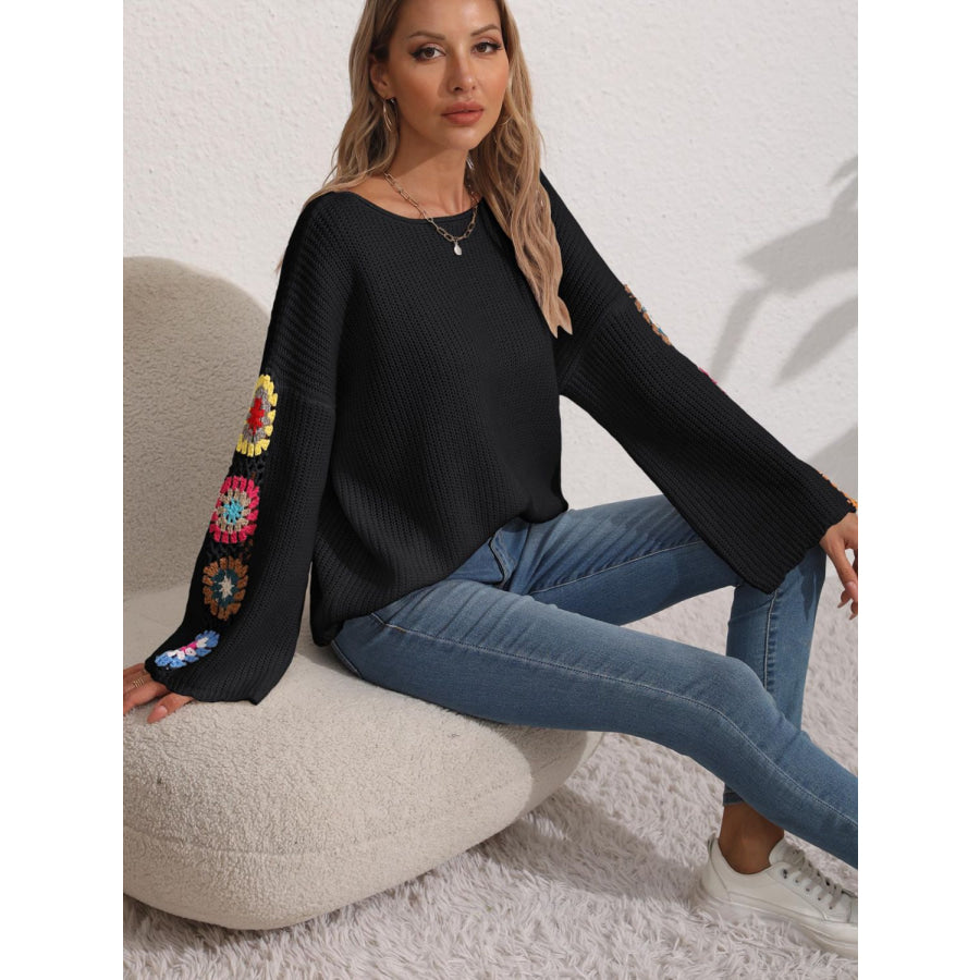 Crochet Flower Long Sleeve Sweater Black / S Apparel and Accessories