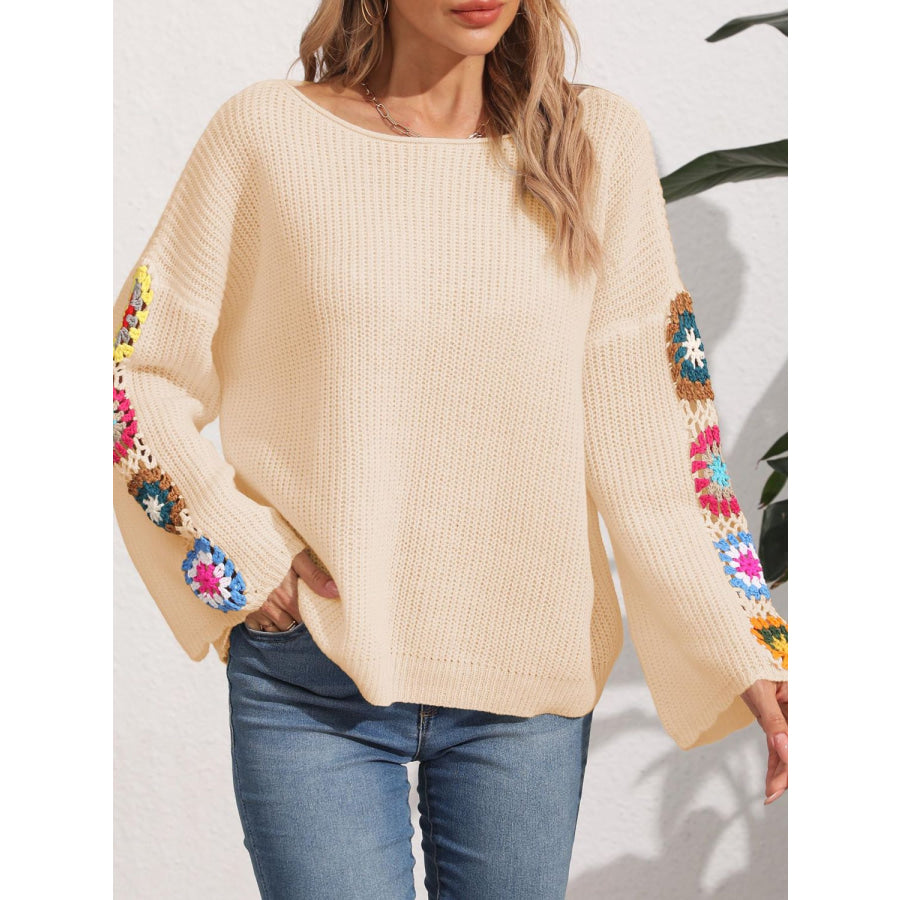 Crochet Flower Long Sleeve Sweater Tan / S Apparel and Accessories