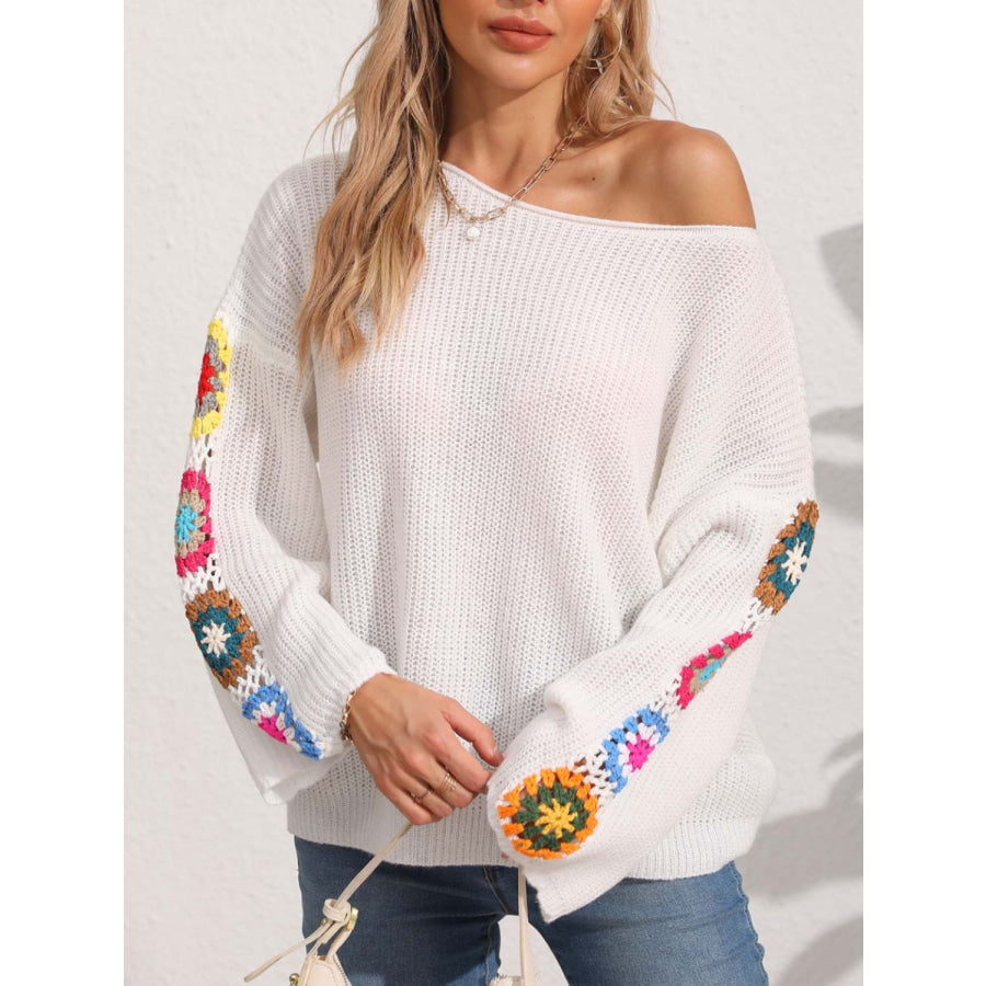 Crochet Flower Long Sleeve Sweater White / S Apparel and Accessories