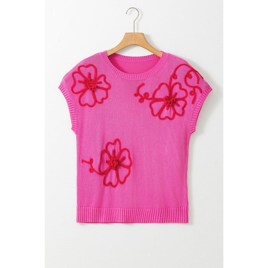 Crochet Flower Round Neck Cap Sleeve Sweater Apparel and Accessories