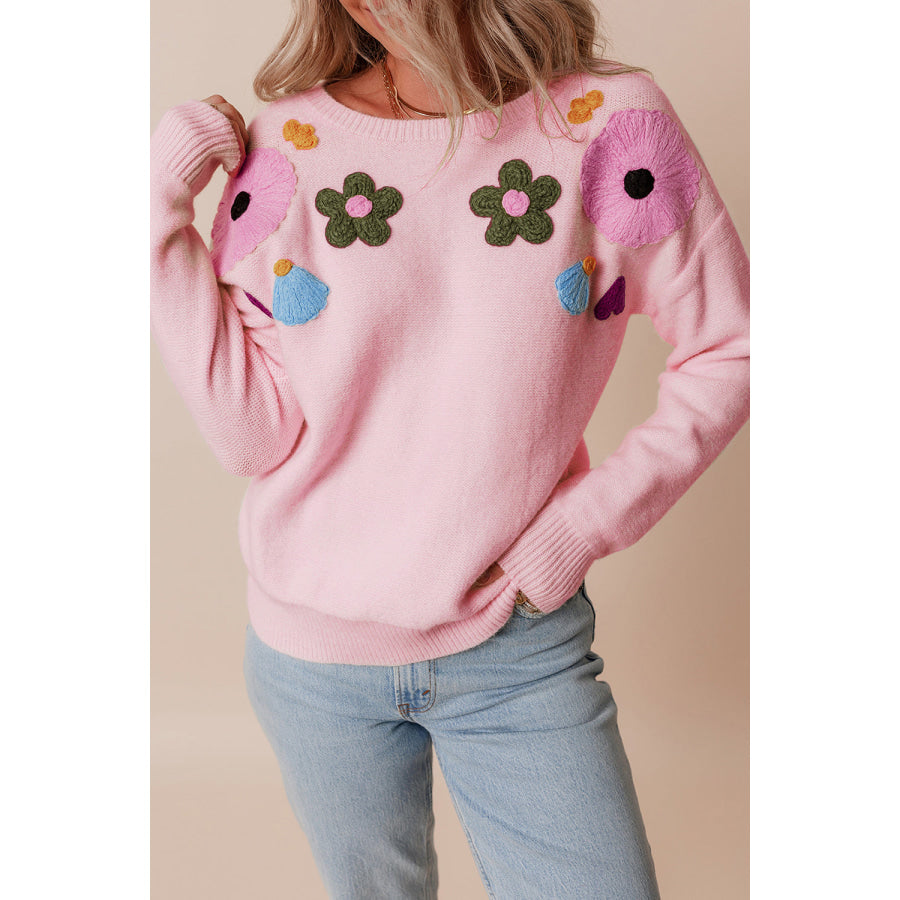 Crochet Flower Round Neck Dropped Shoulder Sweater Apparel and Accessories