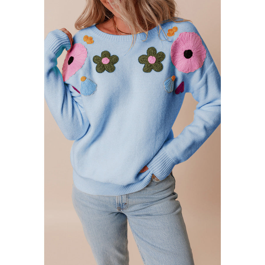 Crochet Flower Round Neck Dropped Shoulder Sweater Apparel and Accessories