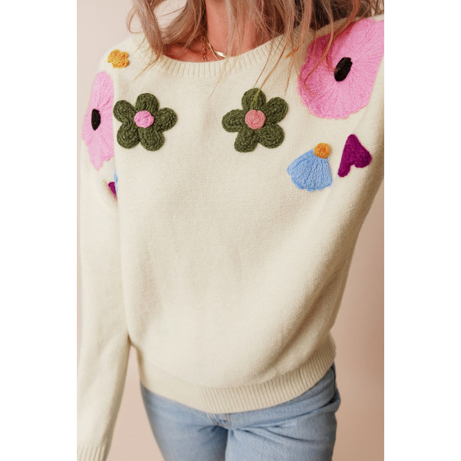 Crochet Flower Round Neck Dropped Shoulder Sweater Apparel and Accessories