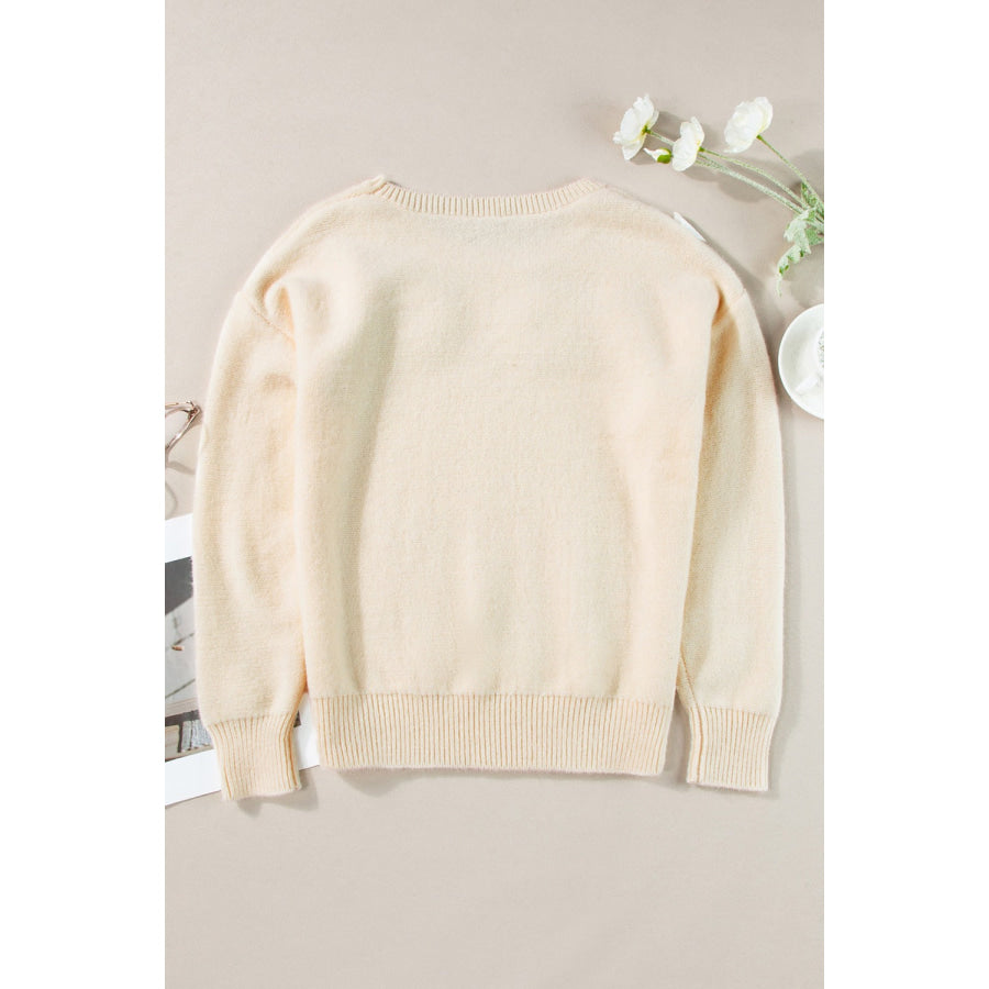 Crochet Flower Round Neck Dropped Shoulder Sweater Apparel and Accessories