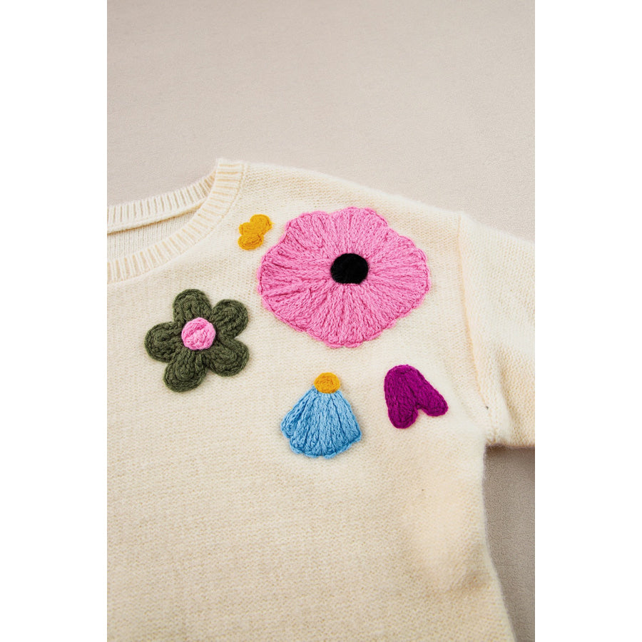 Crochet Flower Round Neck Dropped Shoulder Sweater Apparel and Accessories