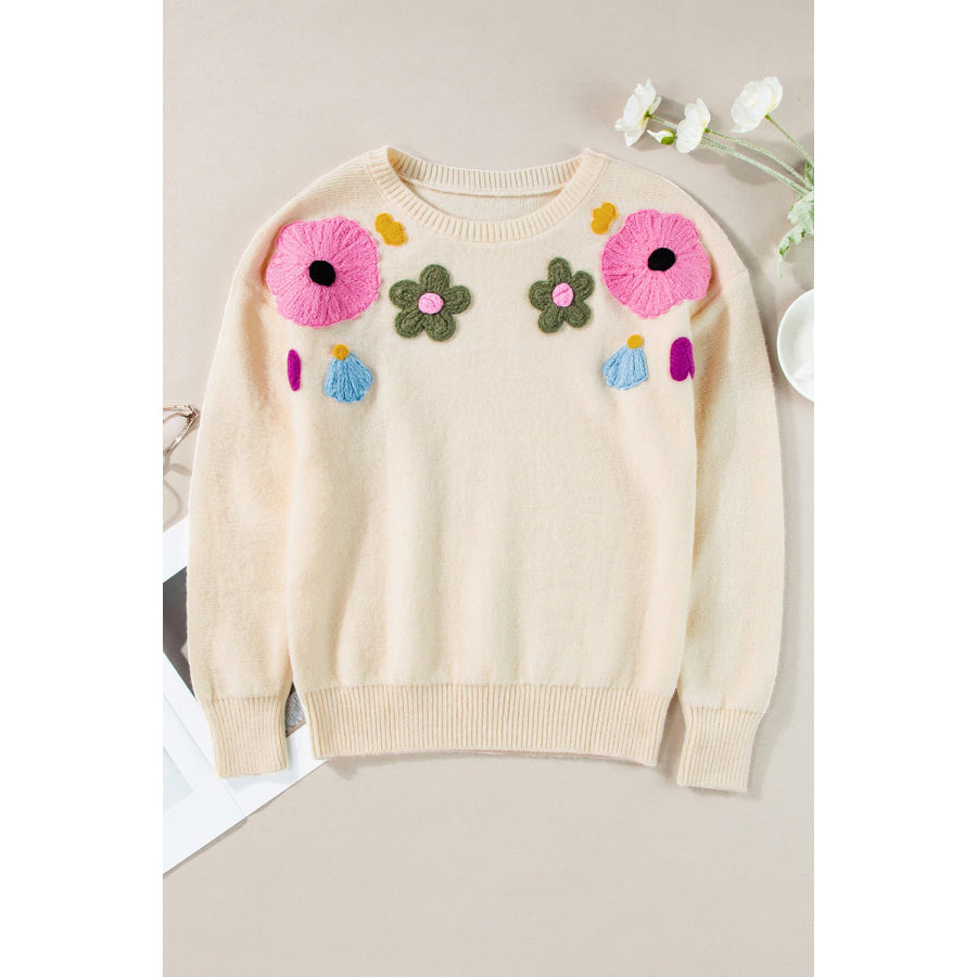 Crochet Flower Round Neck Dropped Shoulder Sweater Apparel and Accessories