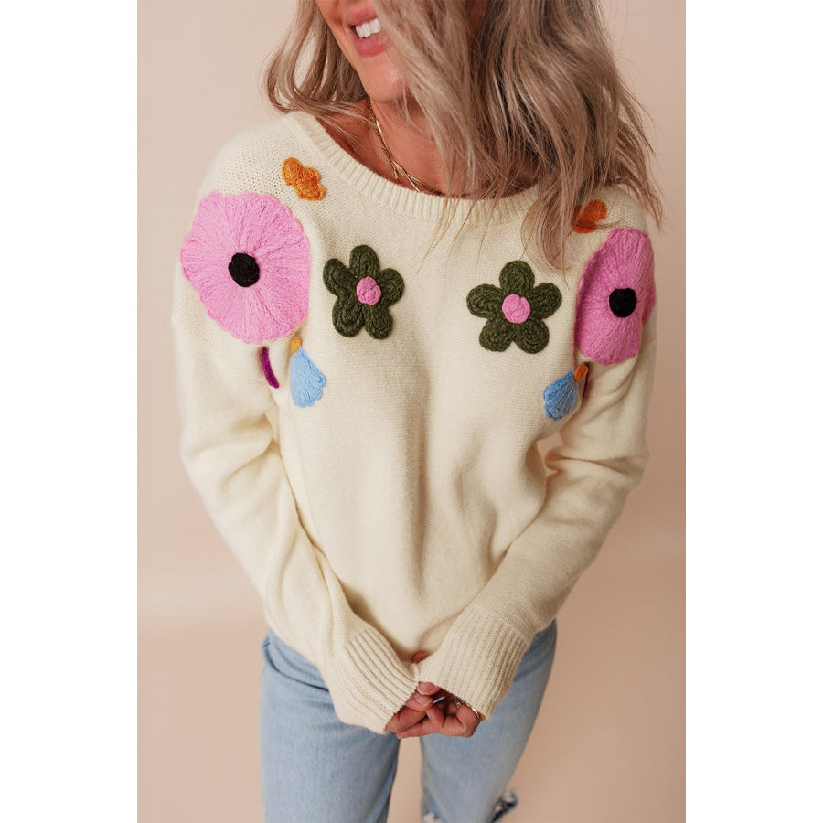 Crochet Flower Round Neck Dropped Shoulder Sweater Apparel and Accessories