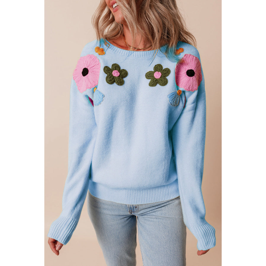 Crochet Flower Round Neck Dropped Shoulder Sweater Apparel and Accessories