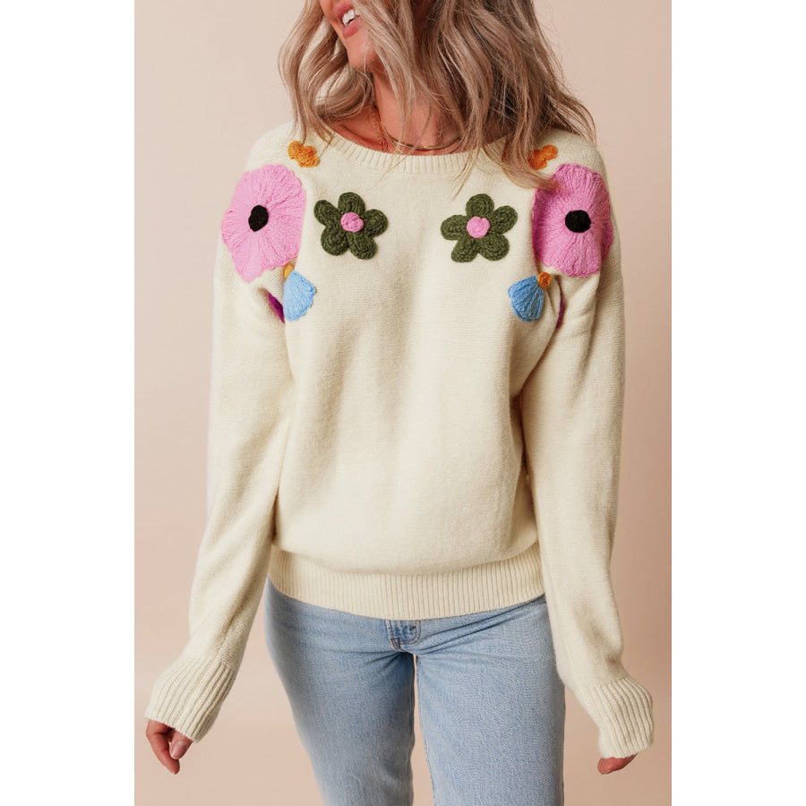 Crochet Flower Round Neck Dropped Shoulder Sweater Apparel and Accessories