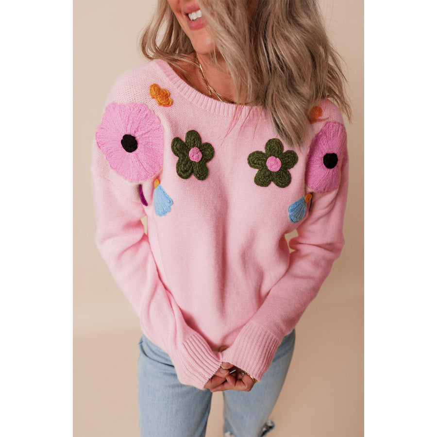 Crochet Flower Round Neck Dropped Shoulder Sweater Apparel and Accessories