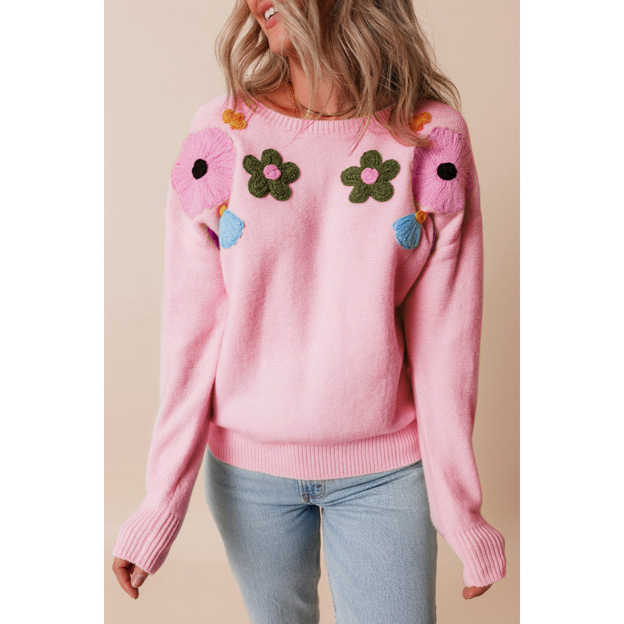 Crochet Flower Round Neck Dropped Shoulder Sweater Blush Pink / S Apparel and Accessories