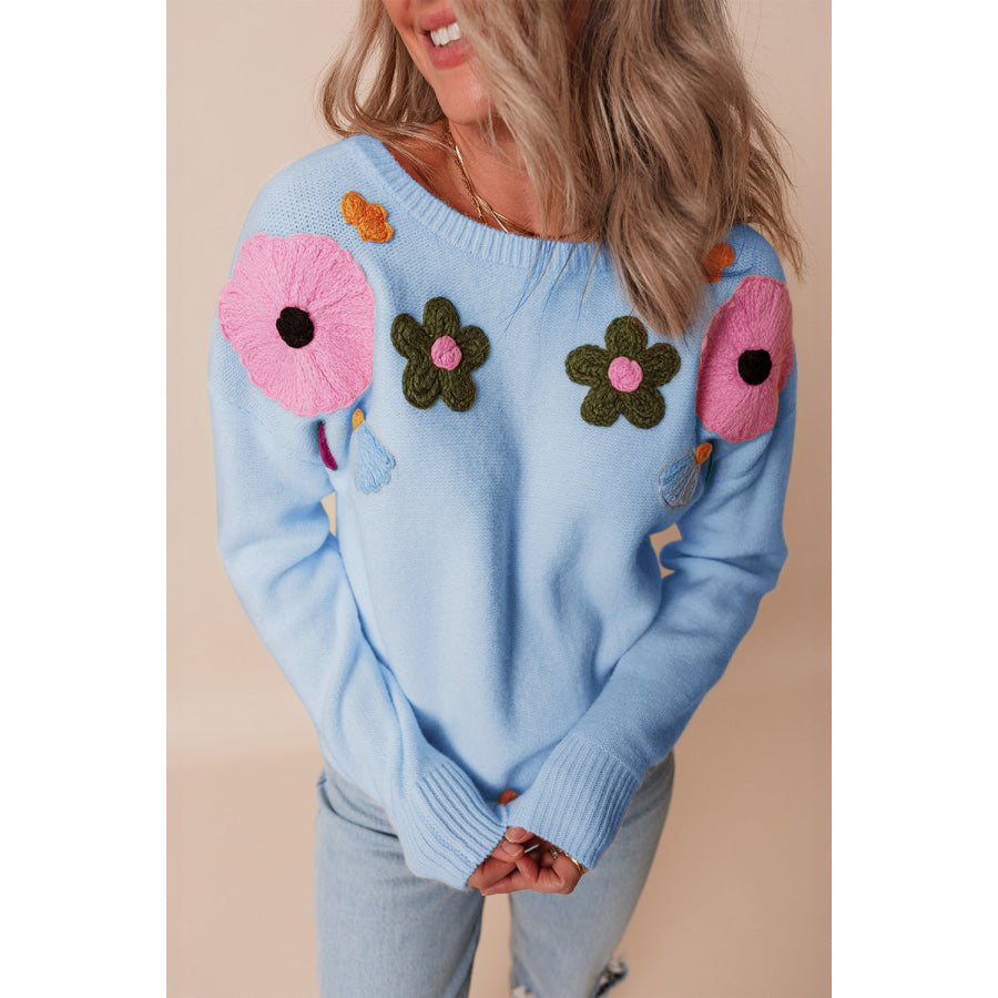 Crochet Flower Round Neck Dropped Shoulder Sweater Light Blue / S Apparel and Accessories