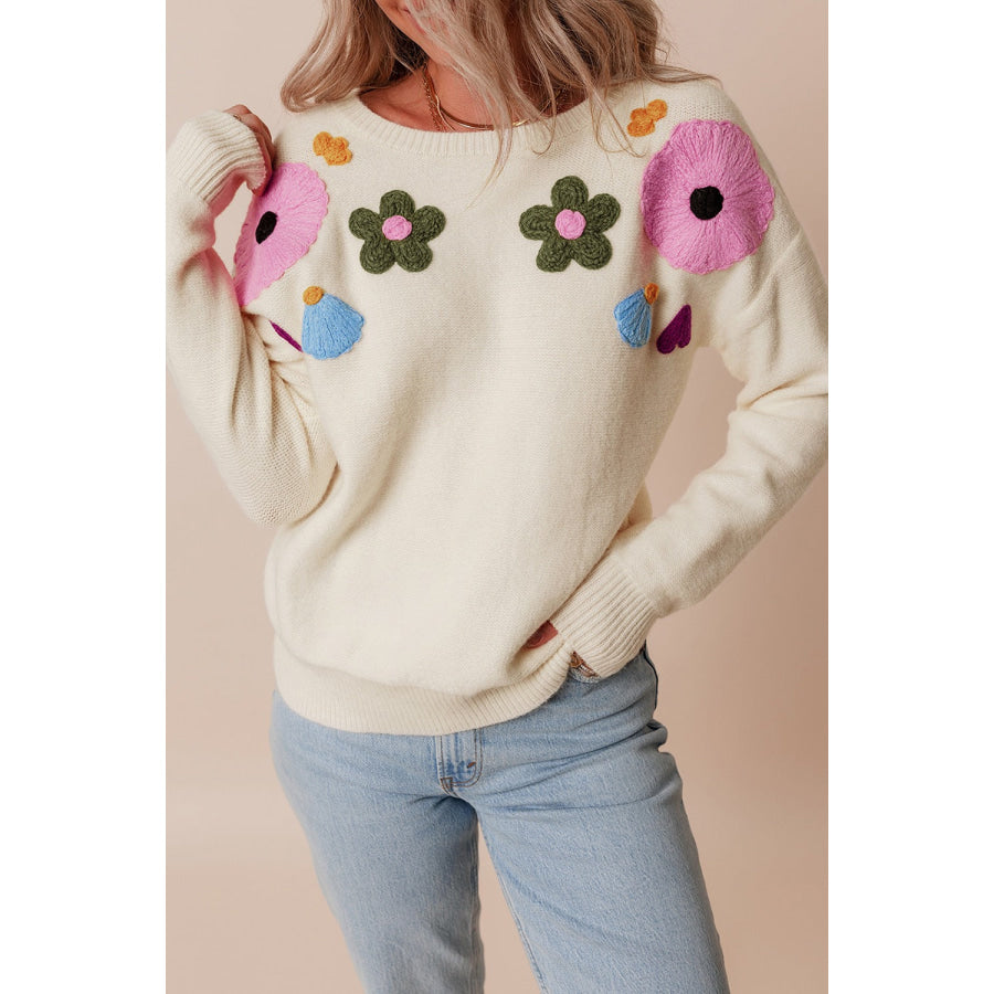 Crochet Flower Round Neck Dropped Shoulder Sweater Tan / S Apparel and Accessories