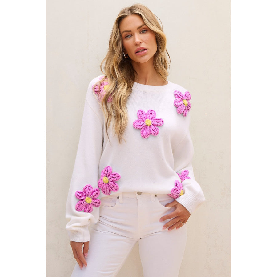 Crochet Flower Round Neck Long Sleeve Sweater Apparel and Accessories