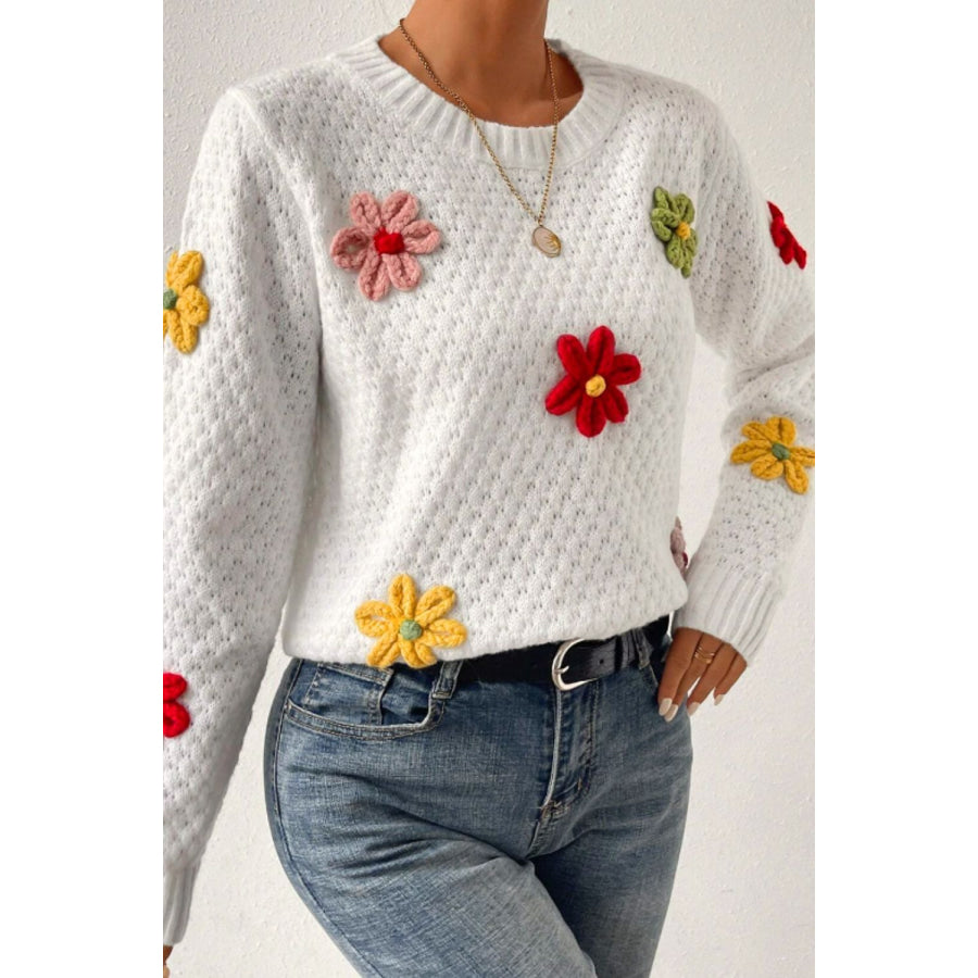 Crochet Flower Round Neck Long Sleeve Sweater Apparel and Accessories