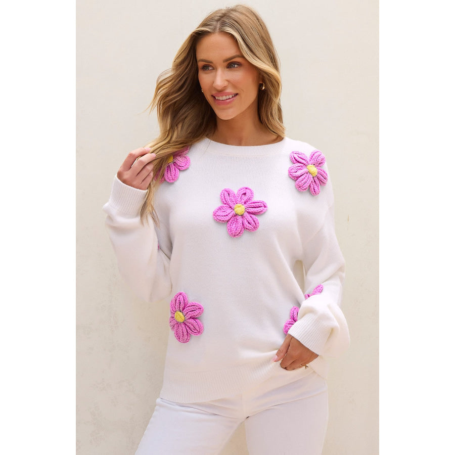 Crochet Flower Round Neck Long Sleeve Sweater Apparel and Accessories