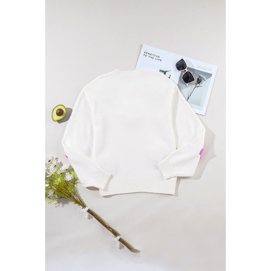 Crochet Flower Round Neck Long Sleeve Sweater Apparel and Accessories