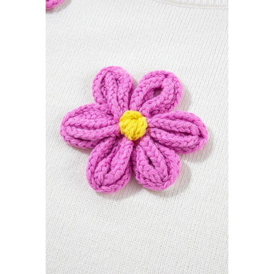 Crochet Flower Round Neck Long Sleeve Sweater Apparel and Accessories