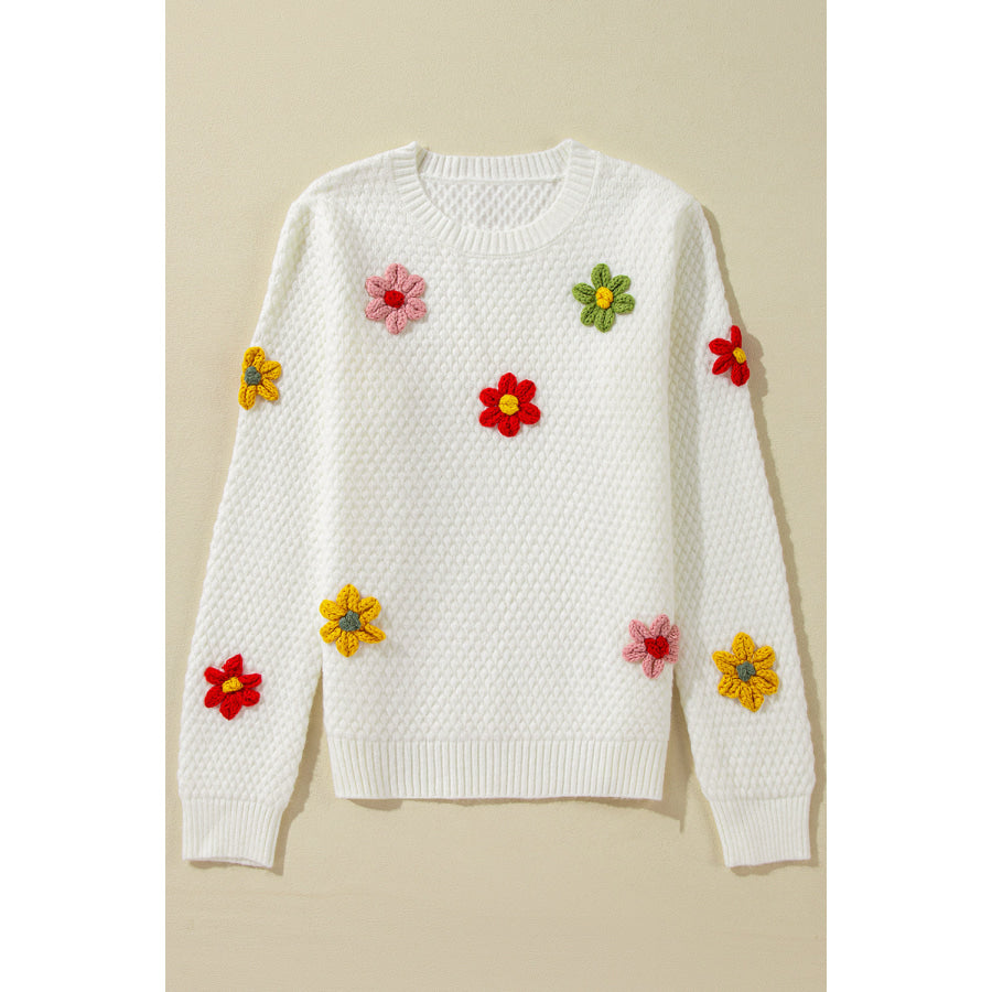 Crochet Flower Round Neck Long Sleeve Sweater Apparel and Accessories