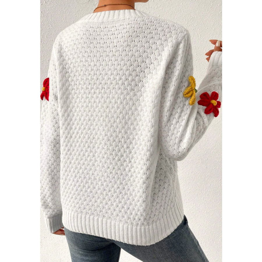 Crochet Flower Round Neck Long Sleeve Sweater Apparel and Accessories