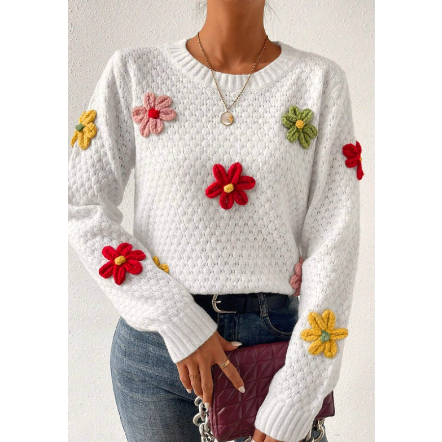 Crochet Flower Round Neck Long Sleeve Sweater Apparel and Accessories