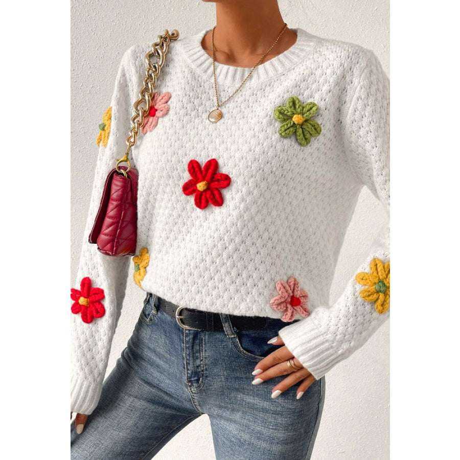 Crochet Flower Round Neck Long Sleeve Sweater Apparel and Accessories