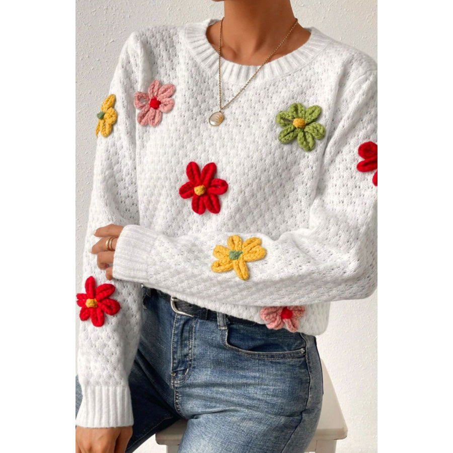 Crochet Flower Round Neck Long Sleeve Sweater Apparel and Accessories