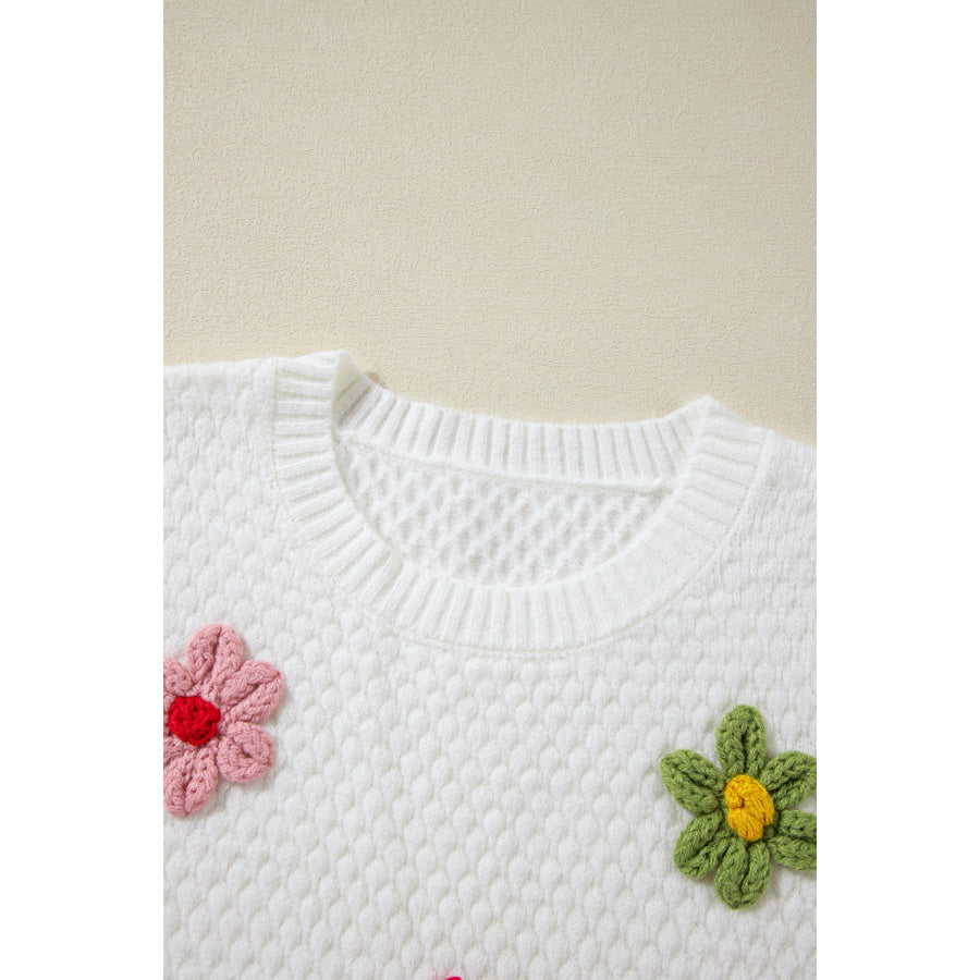 Crochet Flower Round Neck Long Sleeve Sweater Apparel and Accessories