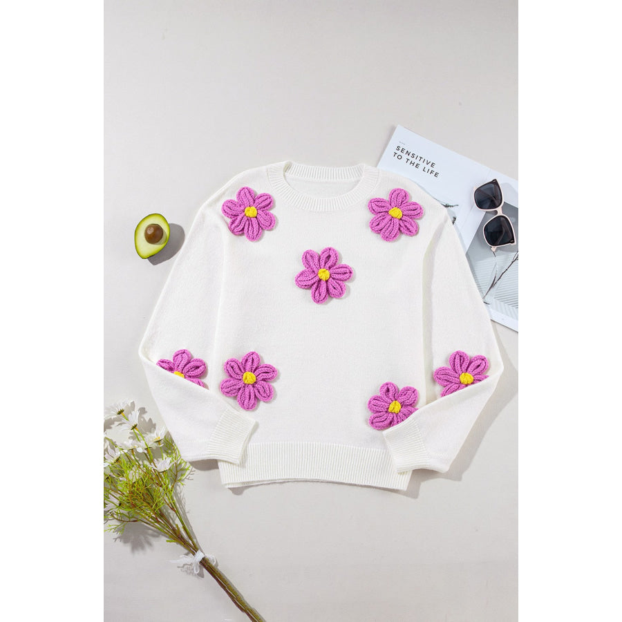 Crochet Flower Round Neck Long Sleeve Sweater Apparel and Accessories