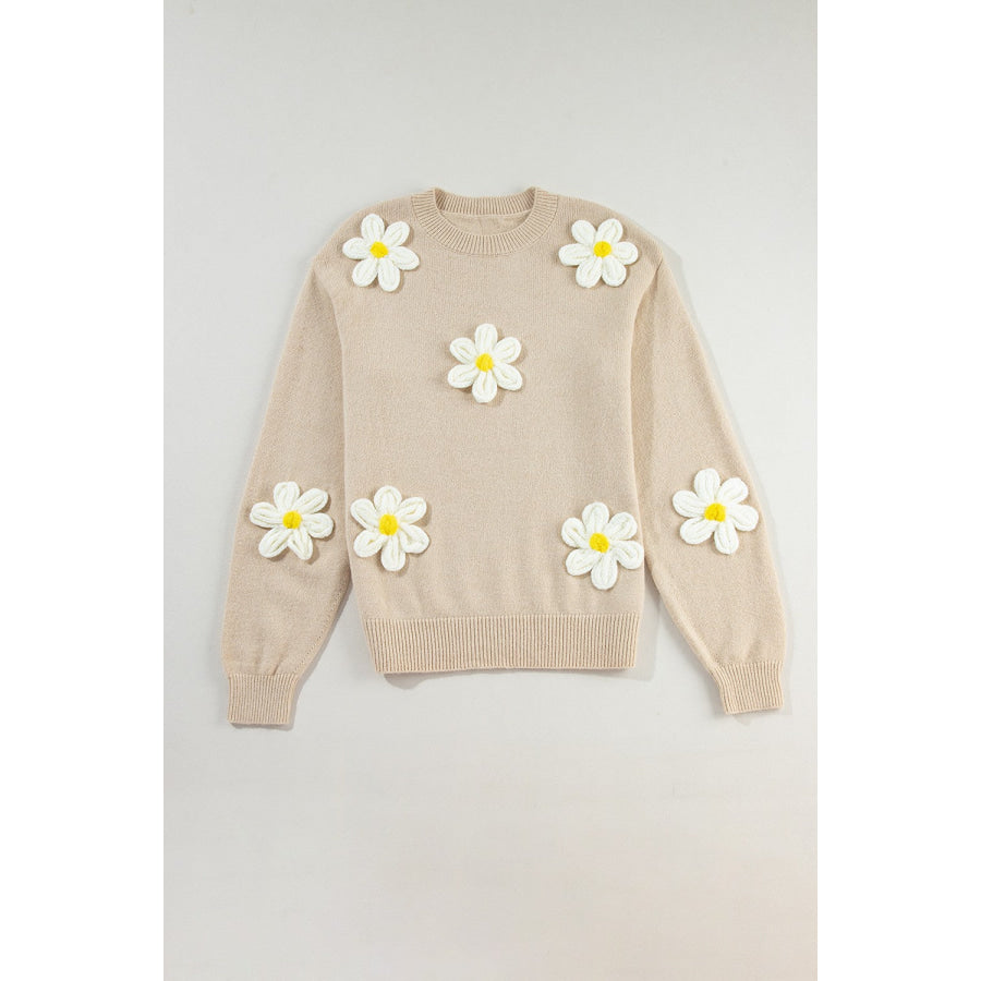 Crochet Flower Round Neck Long Sleeve Sweater Tan / S Apparel and Accessories