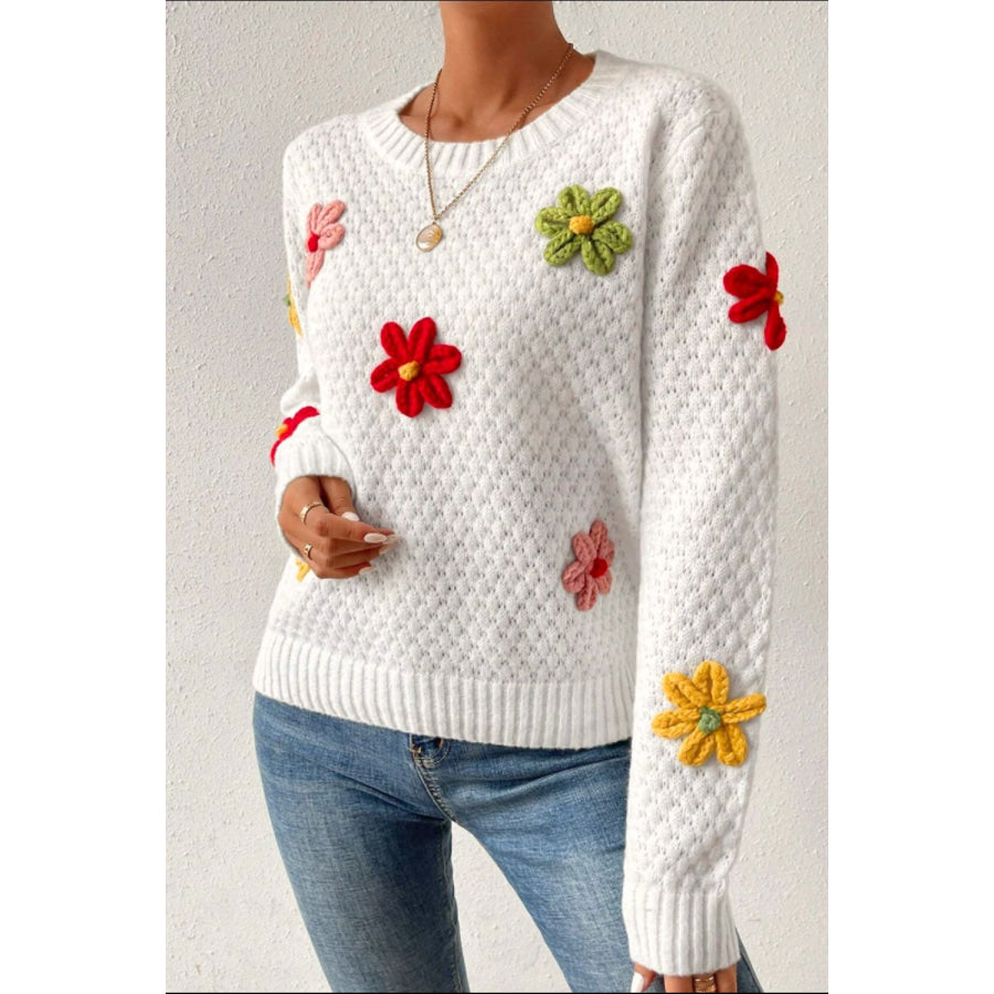 Crochet Flower Round Neck Long Sleeve Sweater White / S Apparel and Accessories