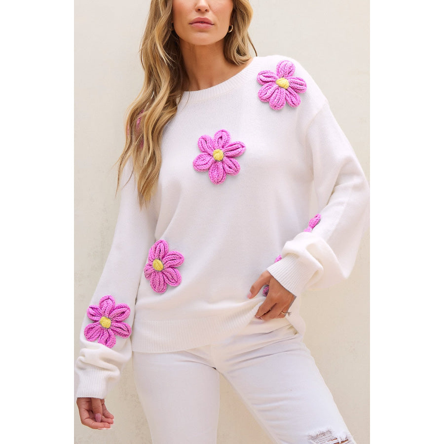 Crochet Flower Round Neck Long Sleeve Sweater White / S Apparel and Accessories