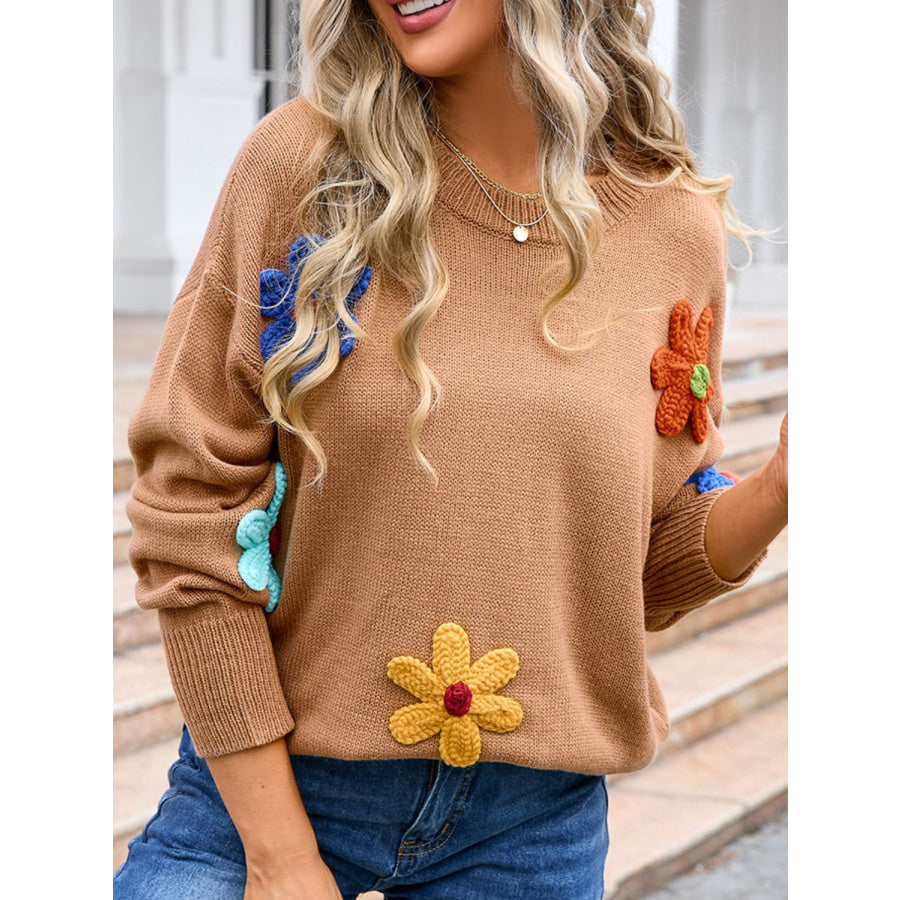 Crochet Flower Round Neck Sweater Apparel and Accessories