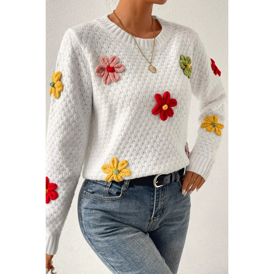 Crochet Flower Round Neck Sweater Apparel and Accessories