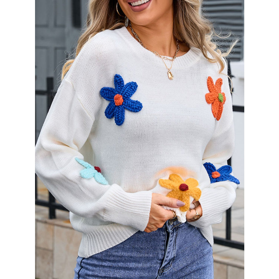 Crochet Flower Round Neck Sweater Apparel and Accessories