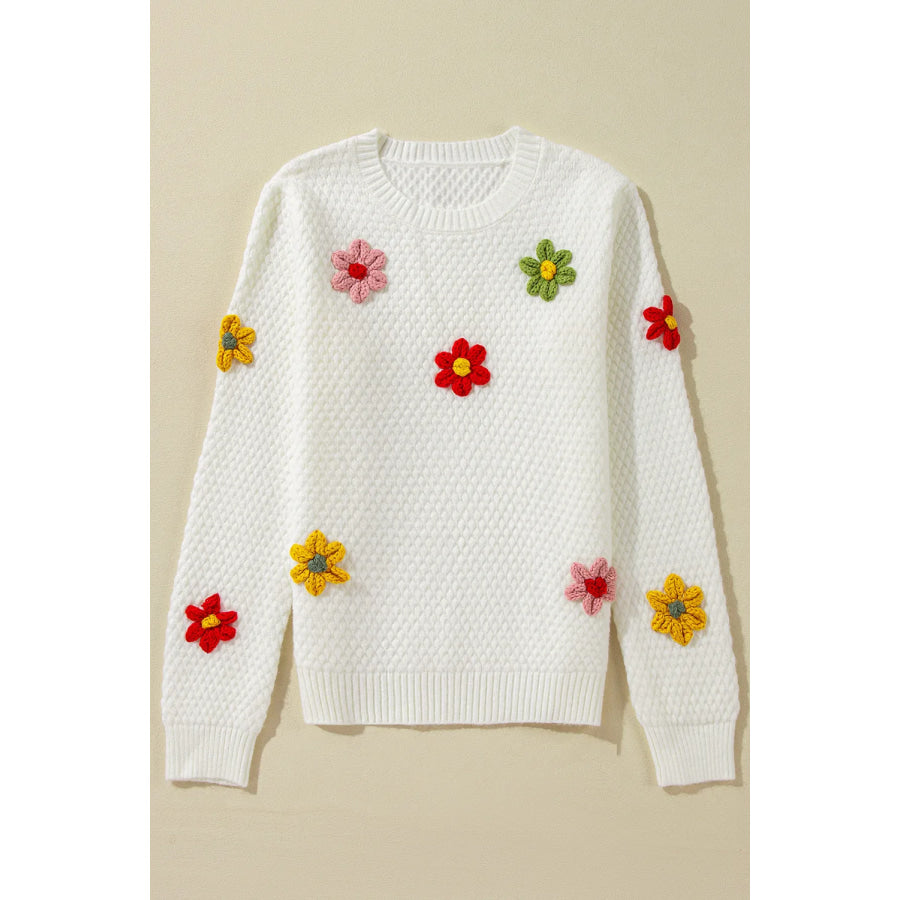 Crochet Flower Round Neck Sweater Apparel and Accessories