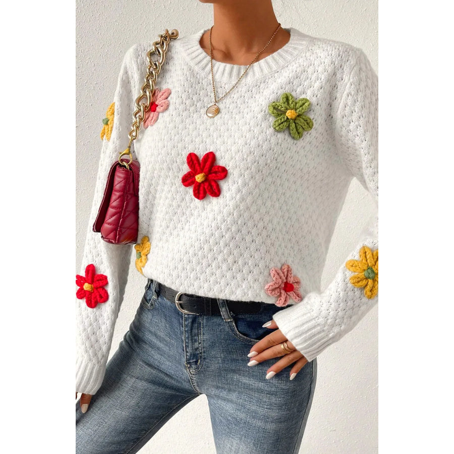 Crochet Flower Round Neck Sweater White / S Apparel and Accessories