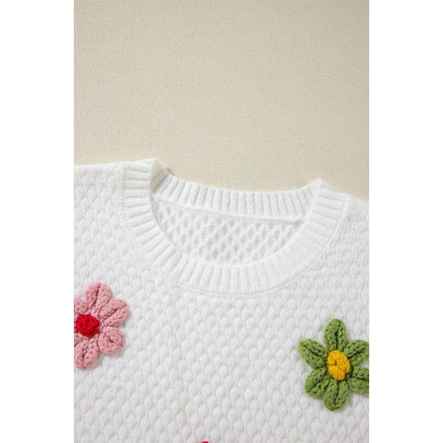 Crochet Flower Round Neck Sweater Apparel and Accessories