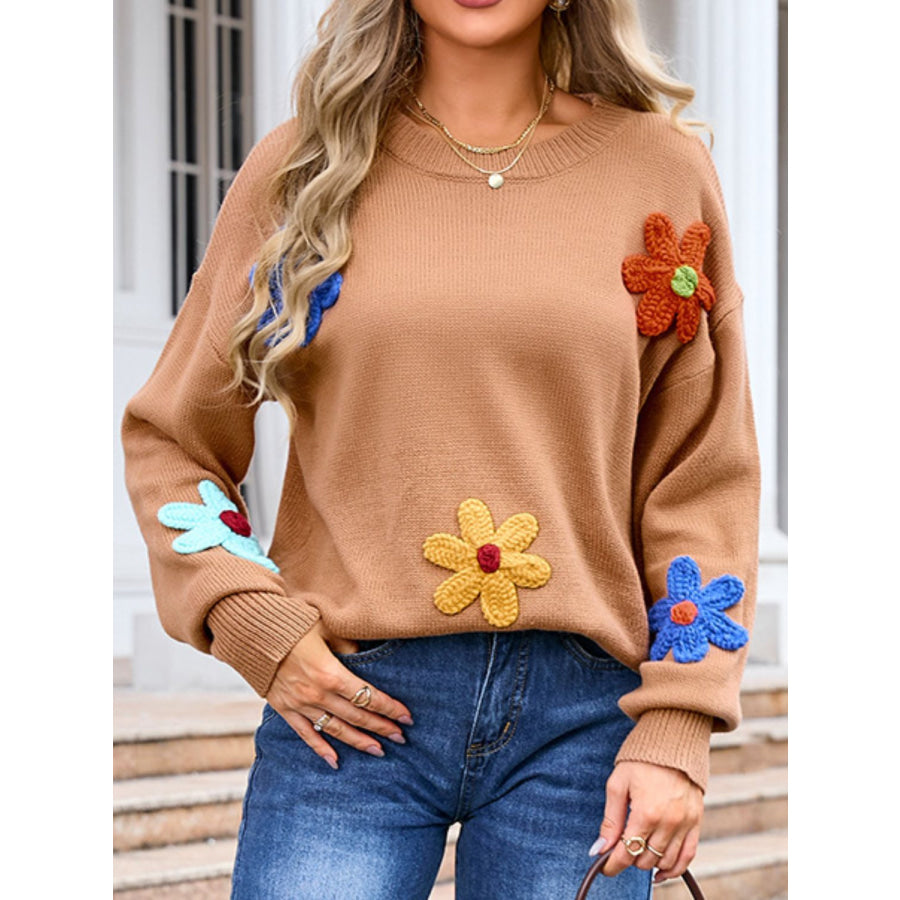 Crochet Flower Round Neck Sweater Apparel and Accessories