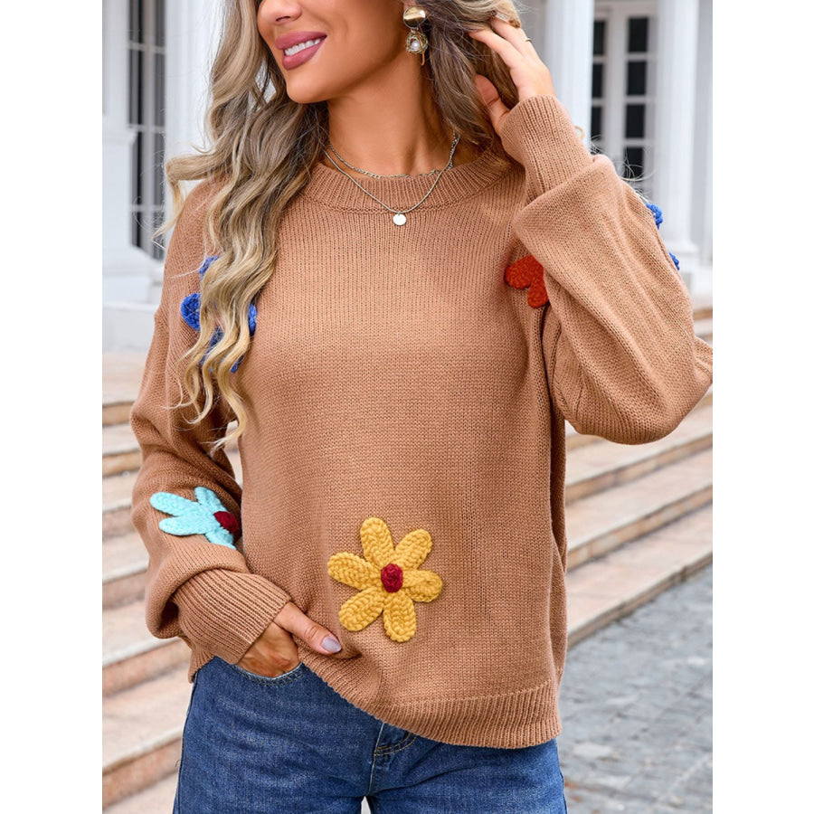 Crochet Flower Round Neck Sweater Camel / S Apparel and Accessories