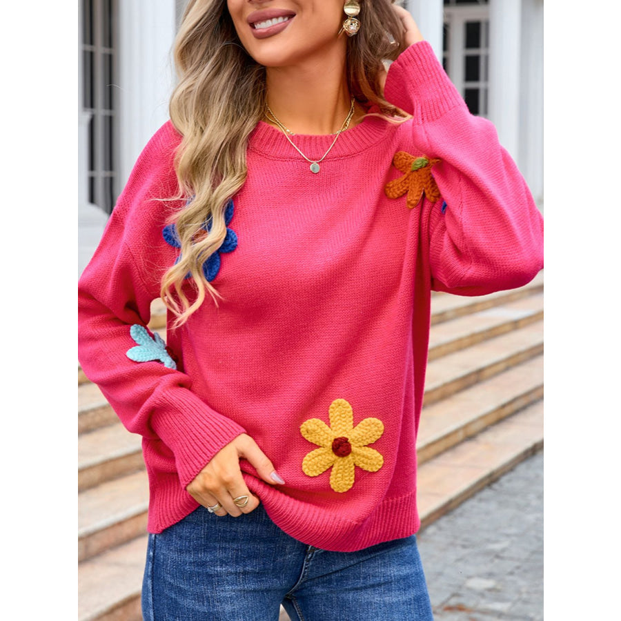 Crochet Flower Round Neck Sweater Strawberry / S Apparel and Accessories